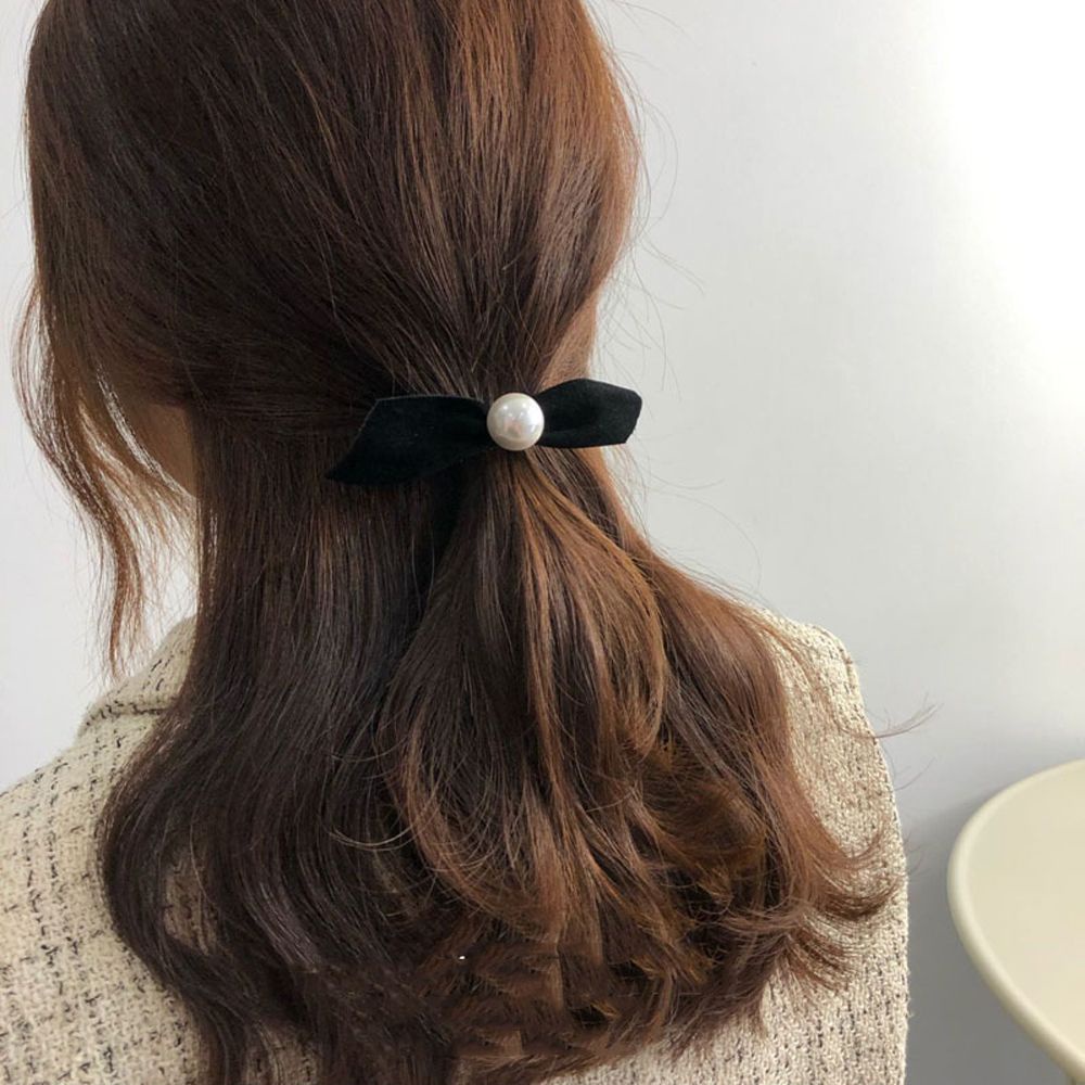Kẹp tóc nơ vải nhung đính ngọc trai nhân tạo phong cách Hàn Quốc dễ thương thời trang thu đông cho nữ