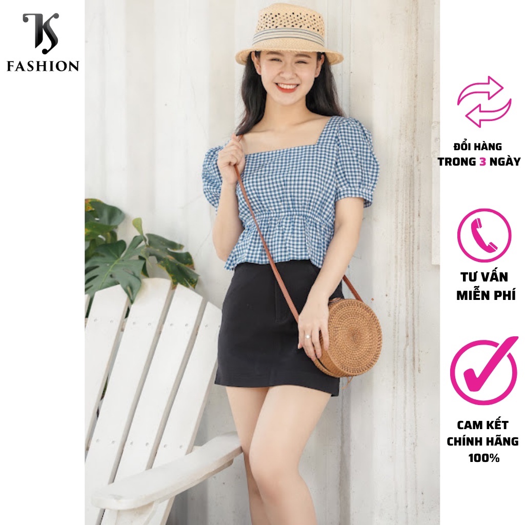 Áo croptop cổ vuông kẻ caro trẻ trung thương hiệu thời trang TK FASHION - SMKA128
