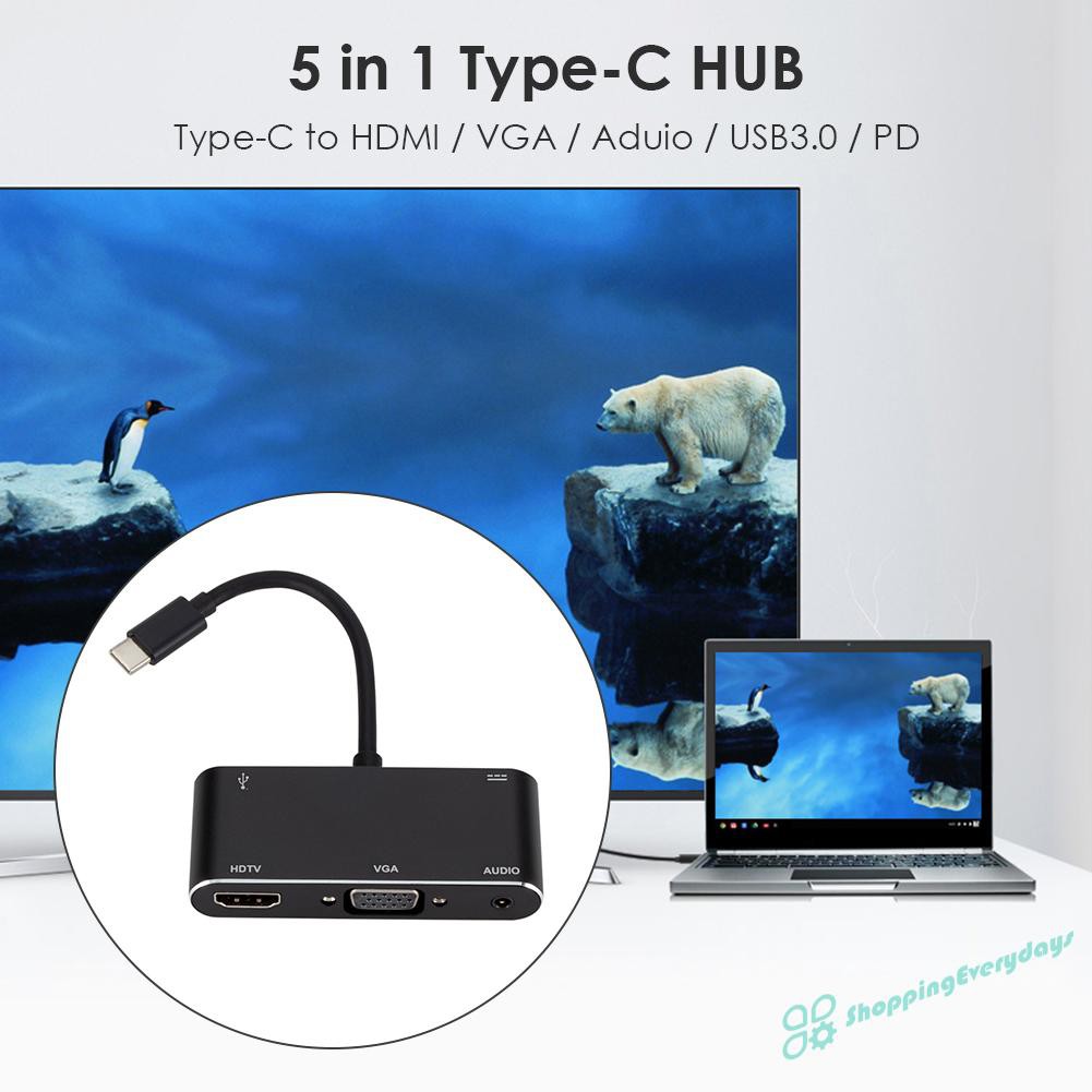 SV Bộ Chuyển Đổi 5 Trong 1 Usb Type-C Hub 4k Hdmi Vga 3.5mm Audio Usb3.0 Pd