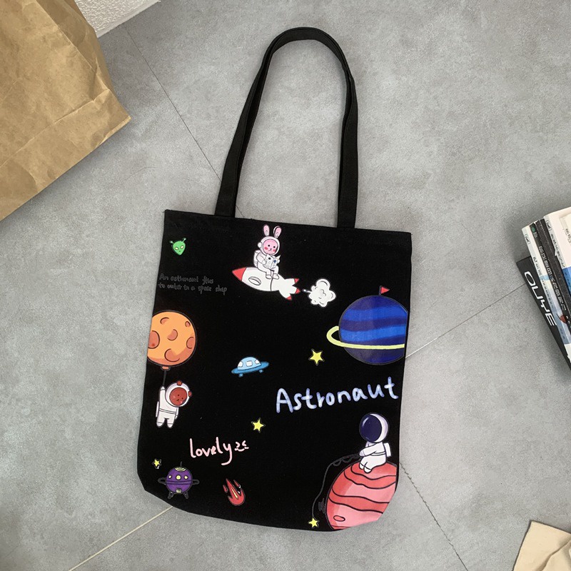 Túi Tote Vải Canvas Cỡ Lớn In Hoạt Hình Phi Hành Gia Phối Khóa Kéo Cá Tính Cho Bé