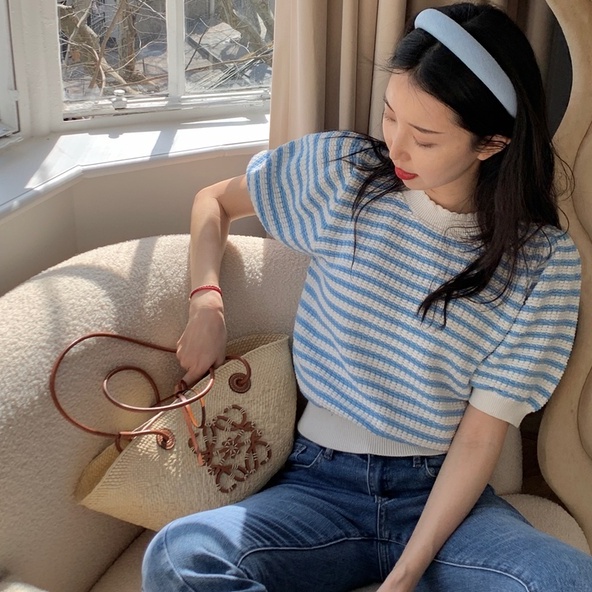 Áo thun ZHELIHANGFEI vải dệt kim tay ngắn phồng kẻ sọc màu cầu vồng dễ thương