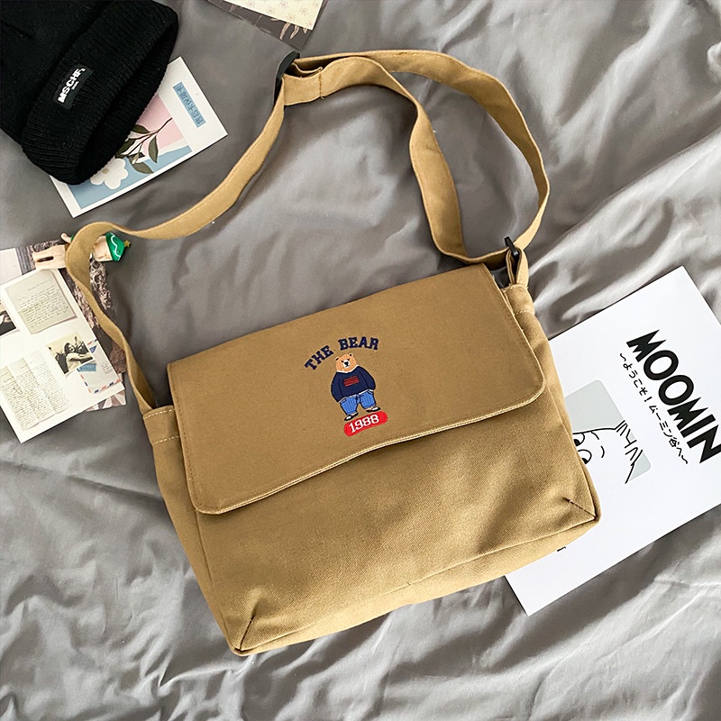 Túi Đeo Vai Vải Canvas Thêu Họa Tiết Gấu Hoạt Hình Phong Cách Cổ Điển Thời Trang Cho Nữ