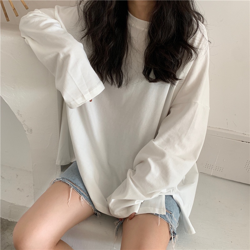 Áo Thun Tay Dài Cổ Tròn Dáng Rộng Xẻ Tà Cá Tính Cho Nữ
