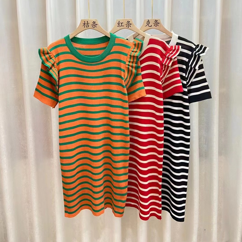 SUXI Đầm Dệt Kim Ngắn Tay Cổ Tròn Họa Tiết Kẻ Sọc Phong Cách Hàn Quốc Thời Trang Mùa Hè