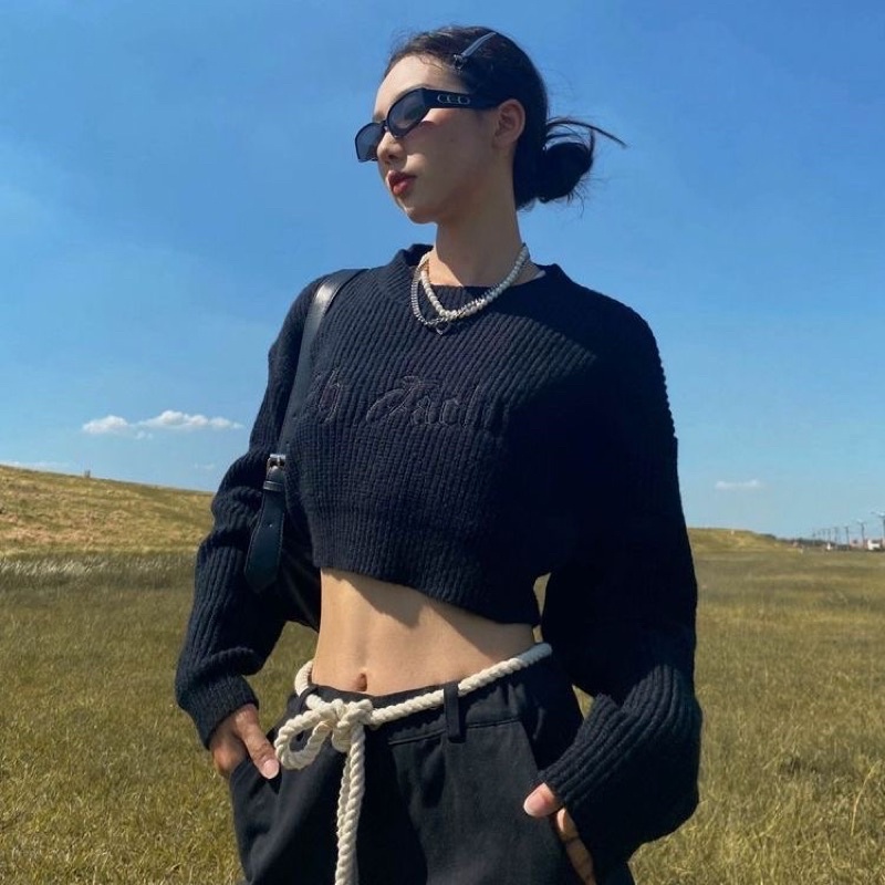 Áo len croptop dài tay chất len mềm mịn phong cách cá tính màu nâu và đen SẴN MÀU NÂU