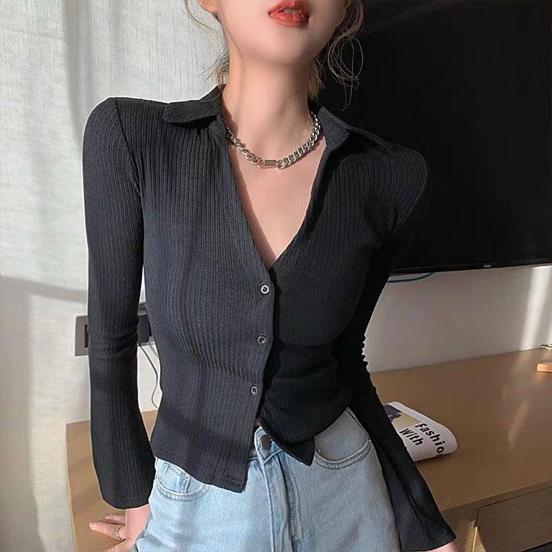 Áo Thun Nữ Dài Tay Cổ Bẻ Cúc Thật THUS Áo Kiểu Polo Cổ V Chất Len Tăm Mỏng Mềm Siêu Co Dãn A2H03