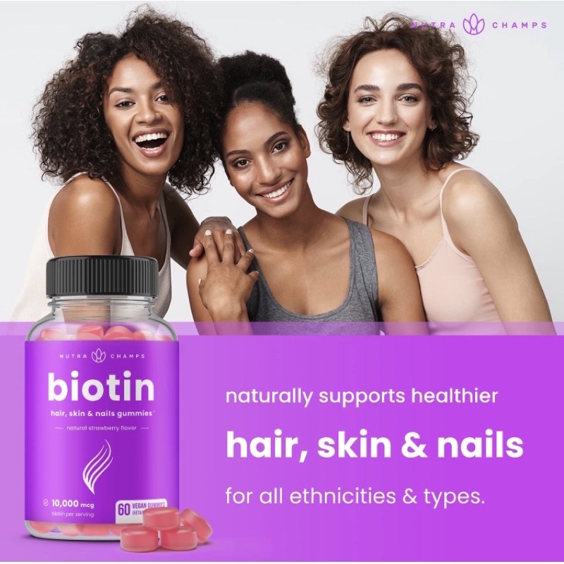 Kẹo dẻo thuần chay da tóc móng Biotin 10,000mcg nam nữ NutraChamps 60 viên USA