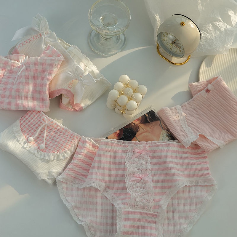 Jiashucheng Quần Lót Cotton Nguyên Chất Phối Ren Lưng Vừa Kiểu Công Chúa Ngọt Ngào Cỡ Lớn Phong Cách Nhật Bản Cho Nữ