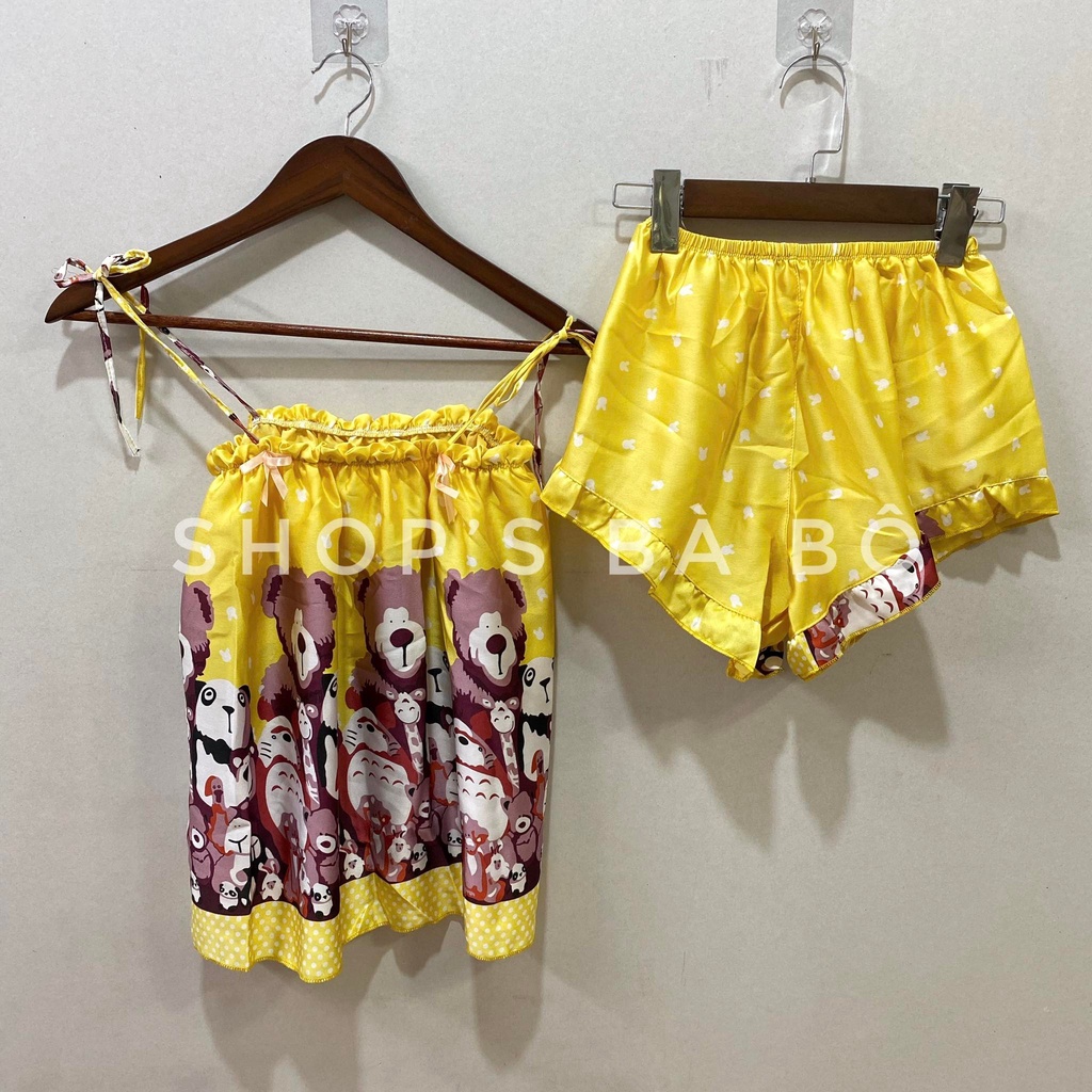 Bộ lụa satin mặc nhà cho nữ, thiết kế hai dây cột, nhiều họa tiết siêu dễ thương, mặc ngủ cũng cực tiện