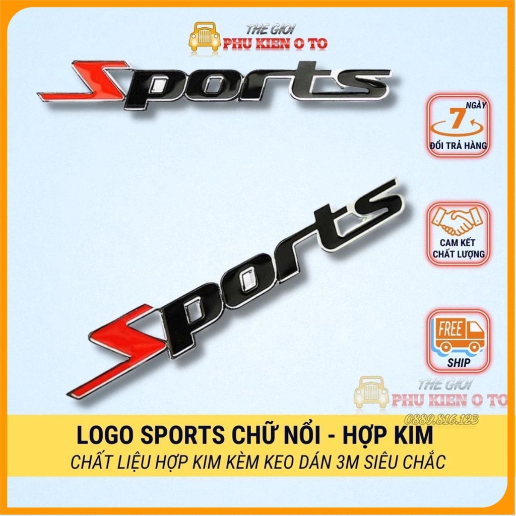 Logo chữ nổi SPORTS kim loại trang trí ô tô xe máy