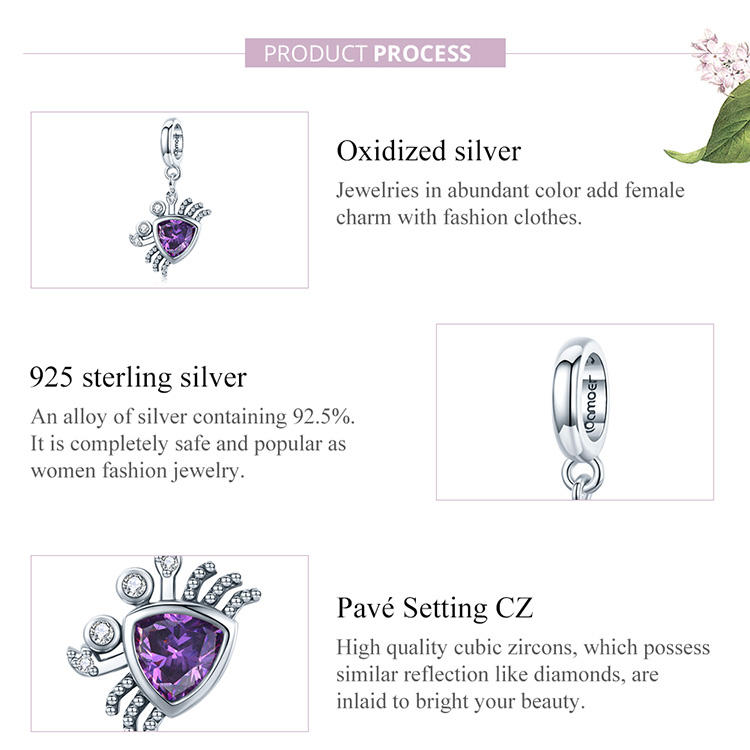 Mặt Dây Bamoer BSC458 Hình Chú Cua Đáng Yêu Đính Đá Zircon Màu Tím Bằng Bạc S925 100% Thời Trang DIY