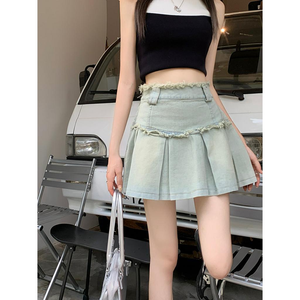 Lalisas Chân váy jean Ngắn Xếp Ly Lưng Cao Phong Cách retro Mỹ Cho Nữ