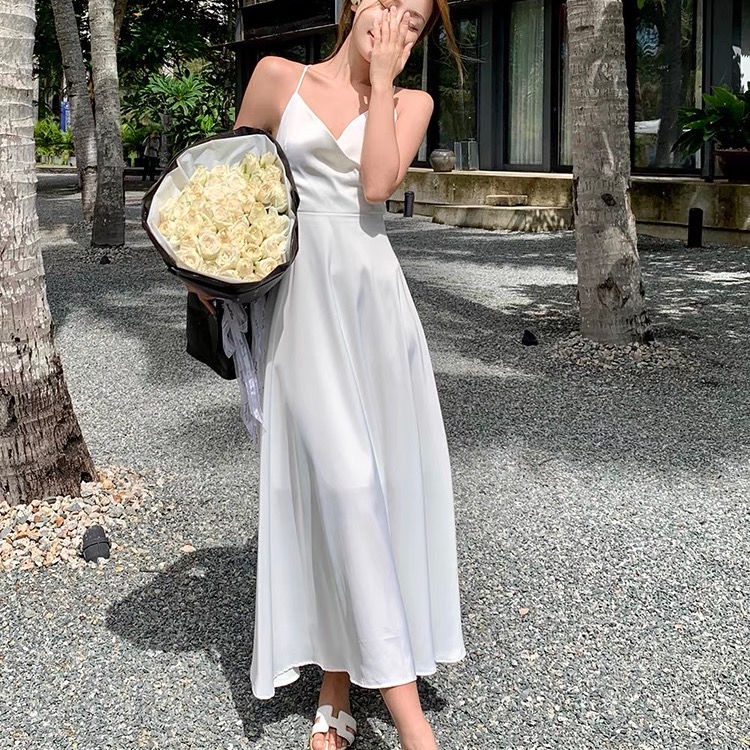 French retro white Sexy Super fairy White suspender dress seaside vacation style backless beach dress for women Summer