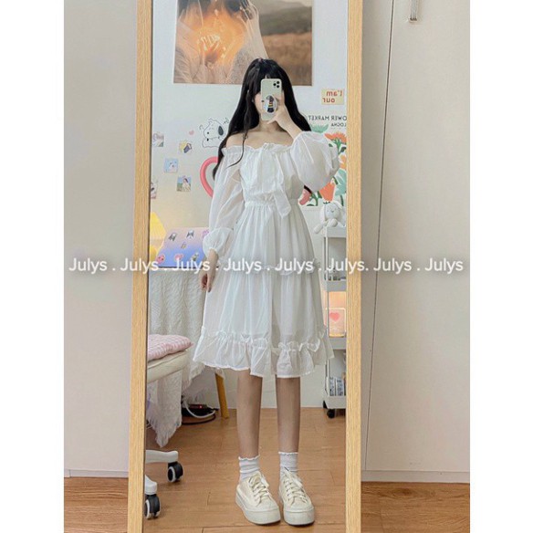 váy trễ vai trắng tay bồng dáng dài, đầm trễ vai tiểu thư dự tiệc năng động cho bán gái, chất đẹp rẻ