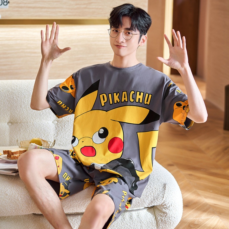 Bộ Đồ Ngủ Tay Ngắn Chất Liệu Cotton Mỏng In Họa Tiết Hoạt Hình Thời Trang Xuân Hè Cho Nam