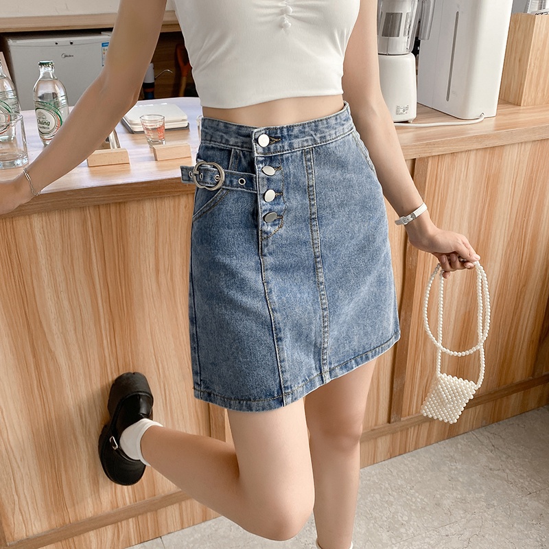 Chân váy jean chữ A lưng cao phong cách Hàn Quốc thời trang mùa hè năng động cho nữ