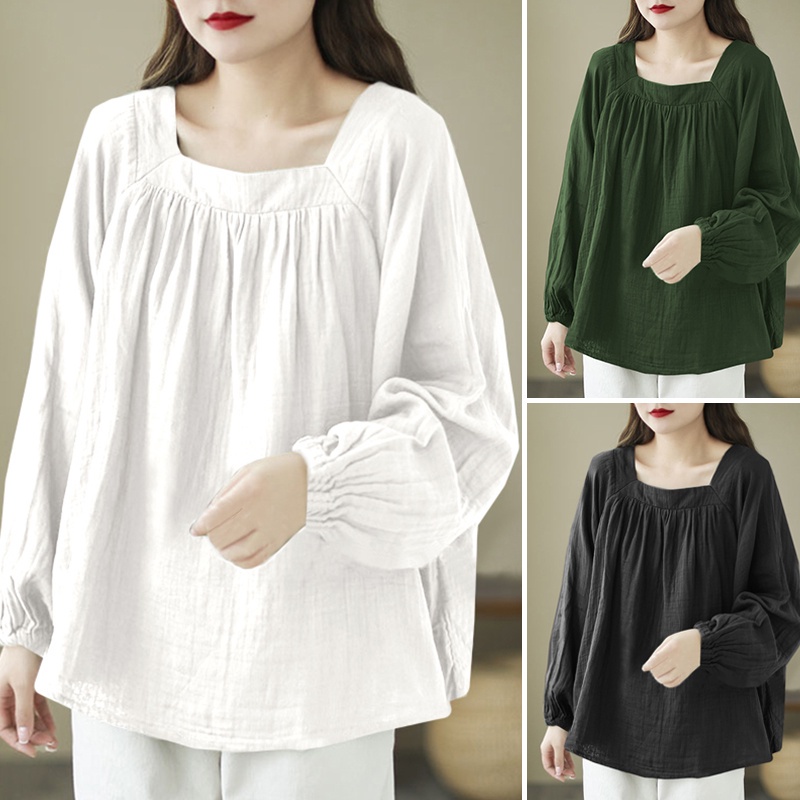 Áo kiểu ZANZEA vải cotton tay dài cổ vuông thiết kế xếp nếp thời trang cho nữ