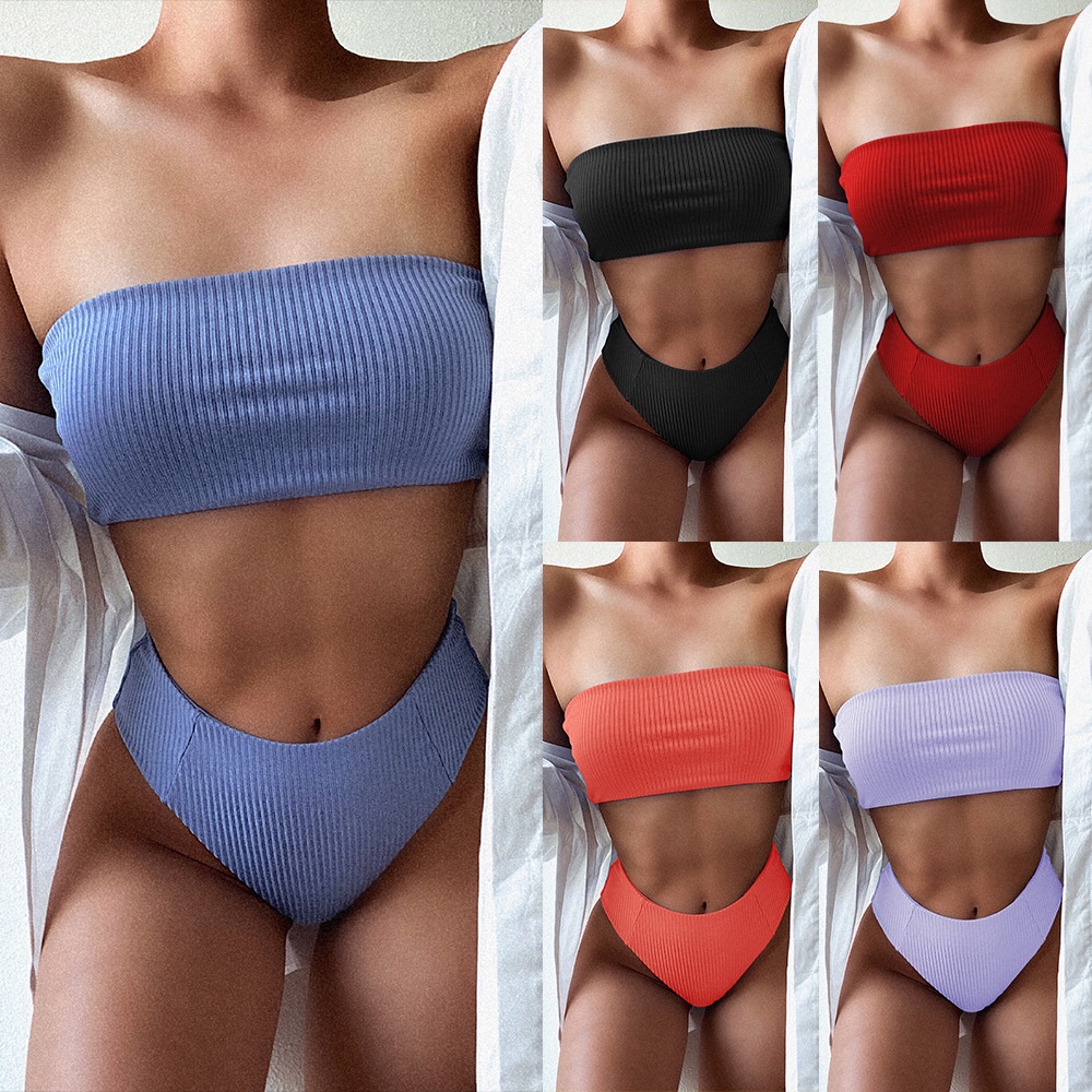 Bộ Bikini 2 Mảnh Trễ Vai Màu Trơn Thời Trang Cho Nữ