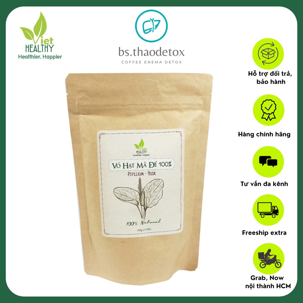 Vỏ Hạt Mã Đề Viethealthy 150g, Psyllium Husk ngon, dễ uống, nhuận tràng, ngừa táo bón, giảm cân