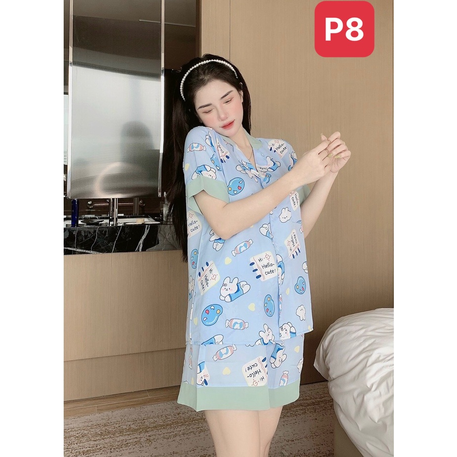 Đồ bộ pijama lụa ngủ mặc nhà quần đùi bigsize họa tiết cổ sen cute dễ thương chất liệu mango cao câp