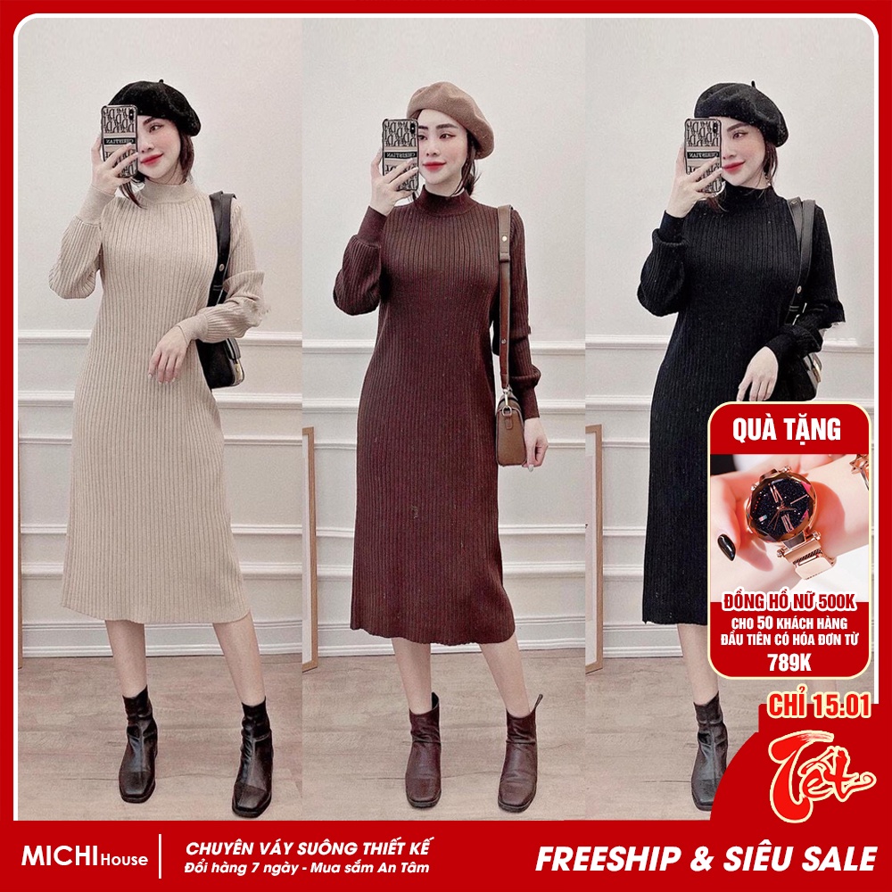 Váy suông len tay dài có bo, cổ tròn, dáng đầm suông rộng freesize 5 màu trơn, mã V14 - Michi's House