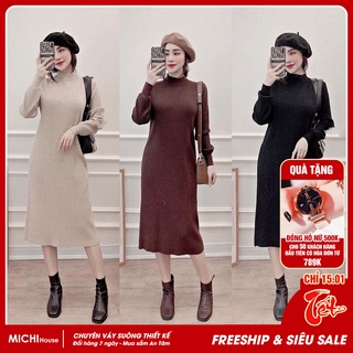 Váy suông len tay dài có bo, cổ tròn, dáng đầm suông rộng freesize 5 màu trơn, mã V14 - Michi's House