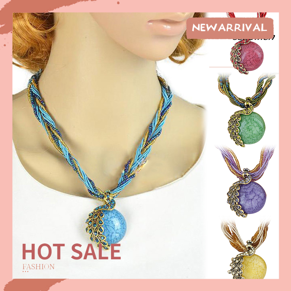 Vòng cổ mặt hình chim công đính đá opal nhân tạo phong cách bohemian tùy chọn màu sắc