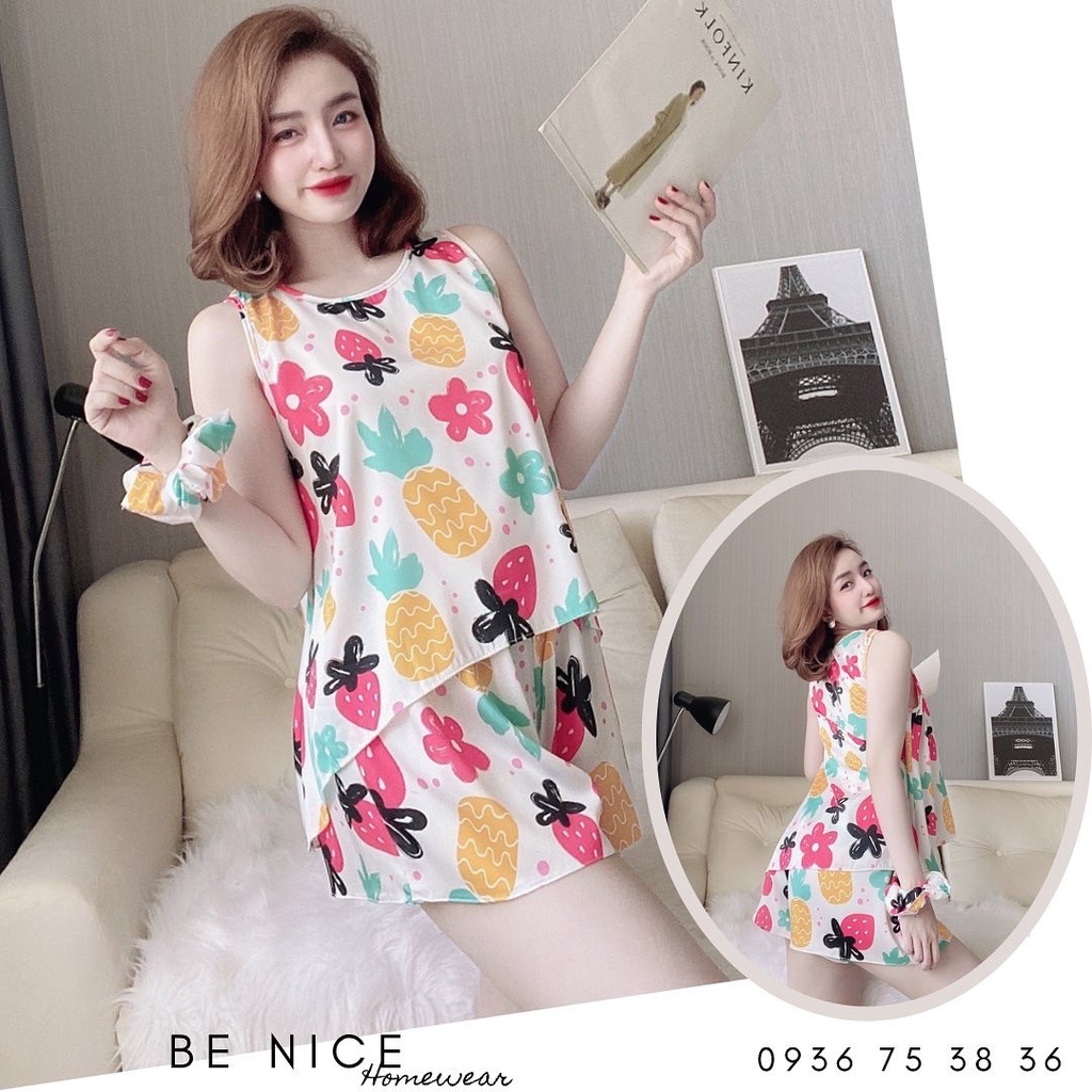 Set lụa ngắn cổ tròn lệch tà kèm cột tóc xinh xắn nhà Be Nice Homewear