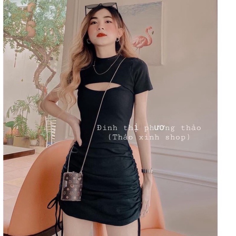 Váy Body Hở Ngực Rút Hông BIGOMALL - Đầm nữ dáng ôm dây rút