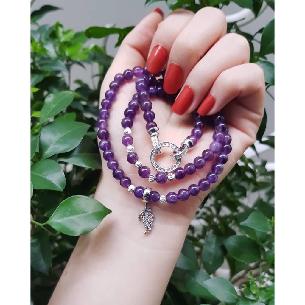 Vòng tay quấn 3 vòng thời trang tím đậm mix charm hợp kim mạ trắng cao cấp
