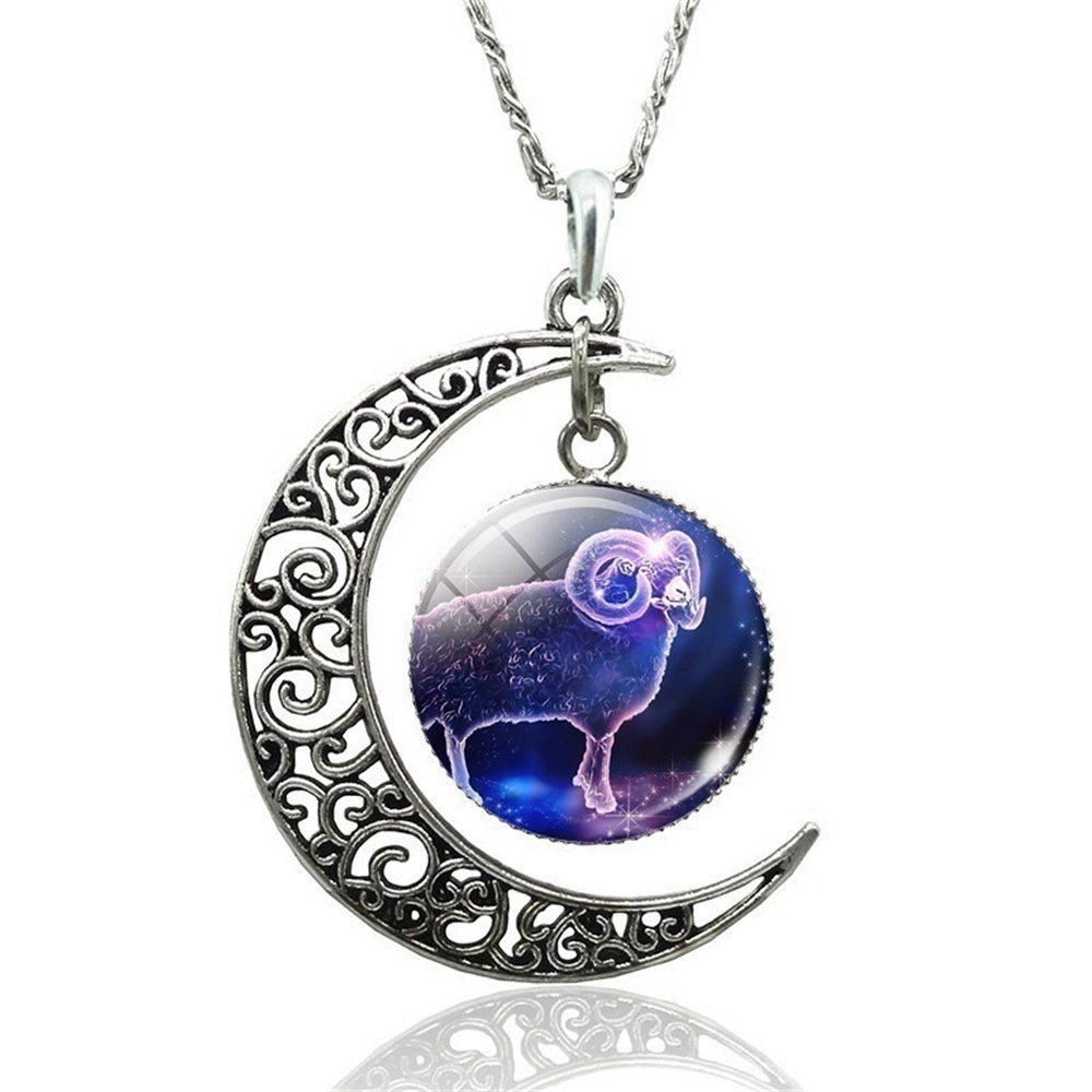 Vòng cổ Mặt Hình 12 Cung Hoàng Đạo Mặt Trăng Lưỡi Liềm Thủy Tinh Cabochon Sáng Tạo