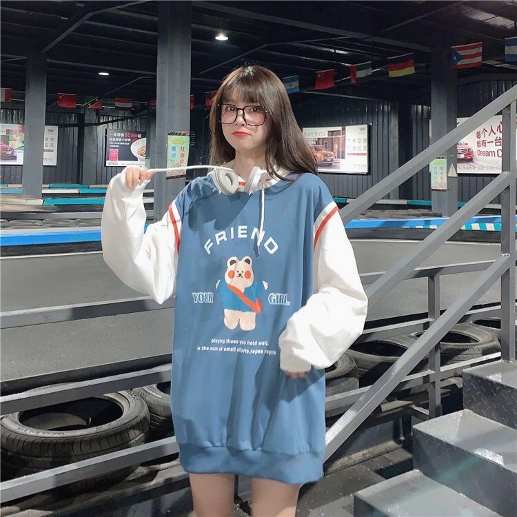 Áo hoodie tay dài giả hai lớp in họa tiết gấu dễ thương thời trang Hàn Quốc cho nữ