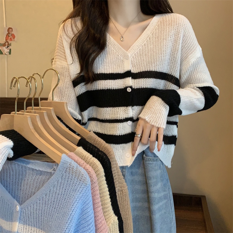 Áo cardigan SUXI dệt kim mỏng tay dài cổ chữ V dáng rộng họa tiết kẻ sọc phong cách cổ điển Hàn Quốc cho nữ