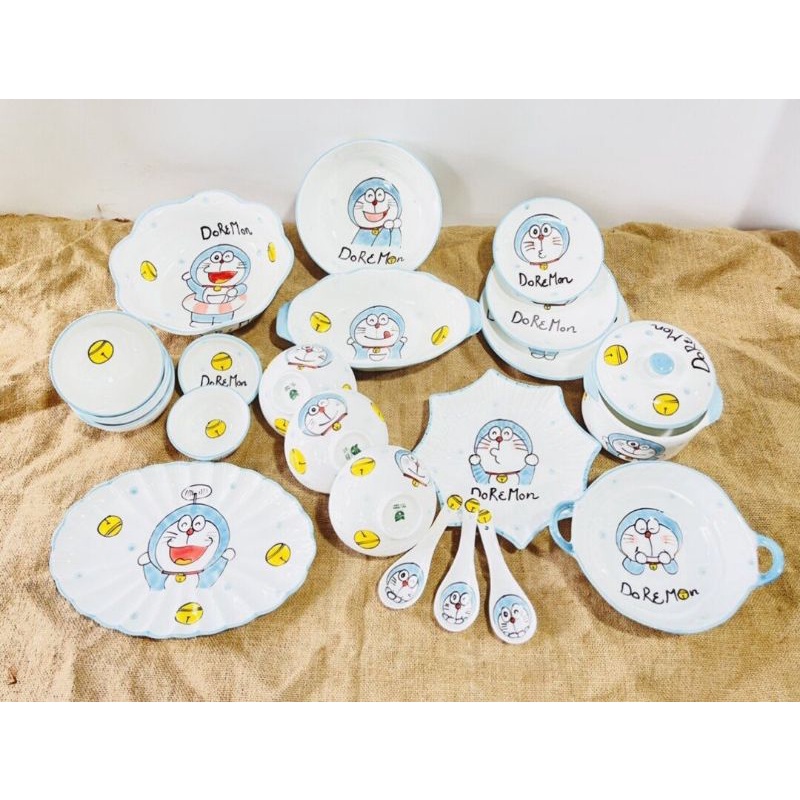 Bộ bát đĩa hình chú mèo máy Doremon siêu cute.Hàng sứ Bát Tràng.