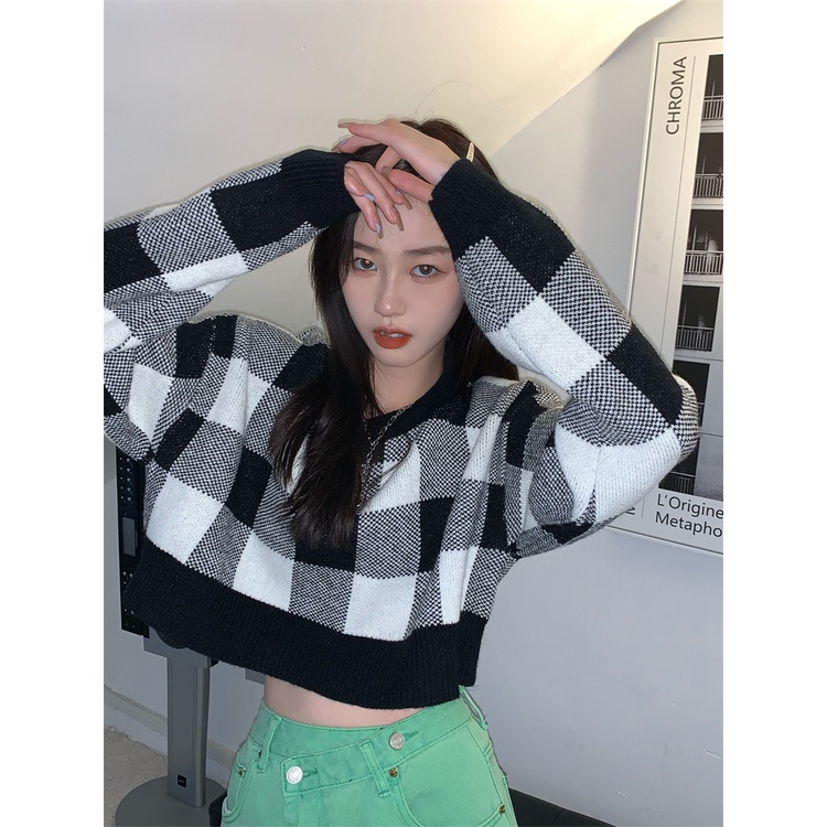 Áo Dệt Kim Cổ Thuyền Ngắn Họa Tiết Kẻ Sọc Màu Tương Phản Thời Trang Hàn Quốc