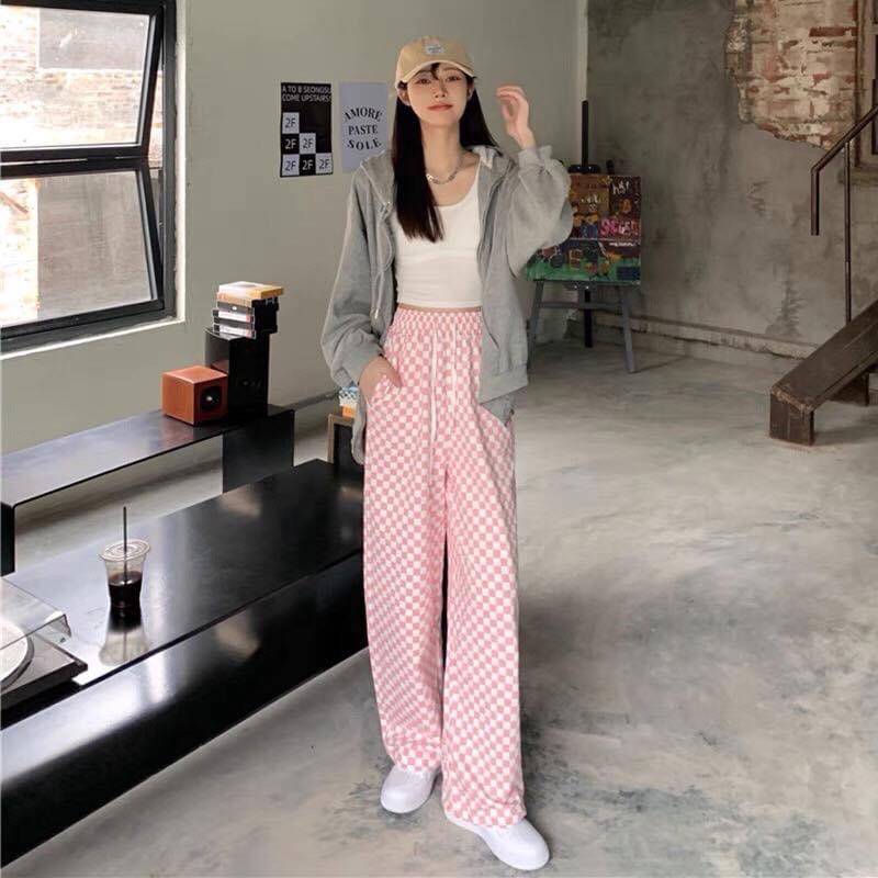 Quần Ống Suông Dây Rút Caro Unisex Ảnh Thật