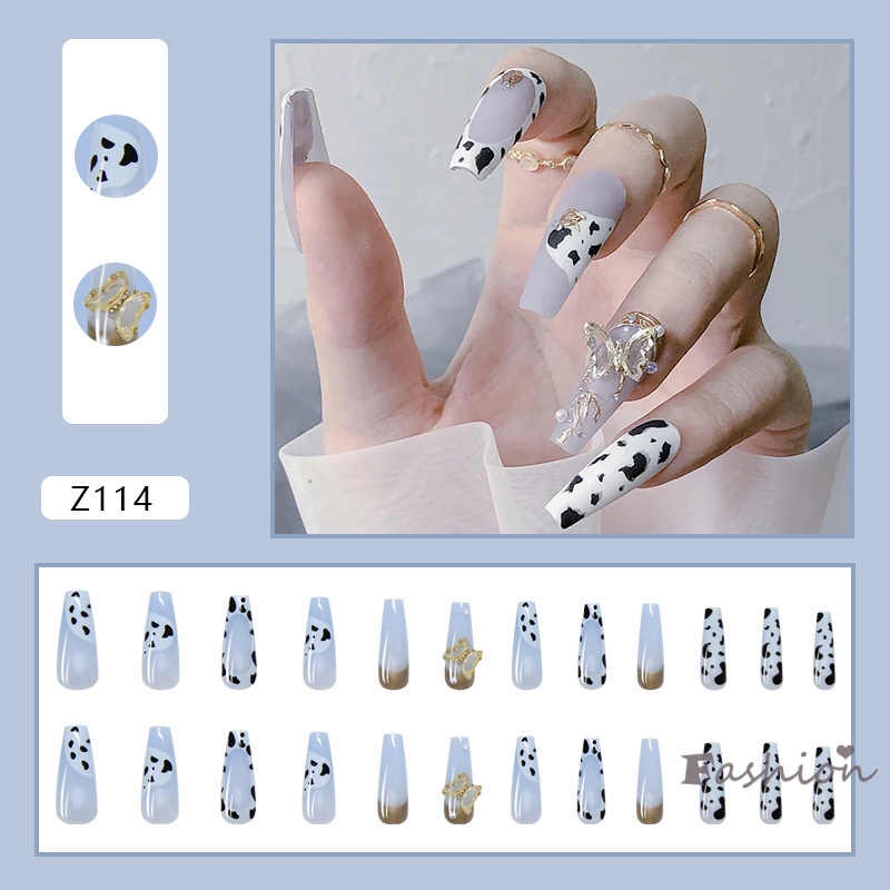 Set 24 móng tay giả họa tiết bò sữa có thể tháo rời