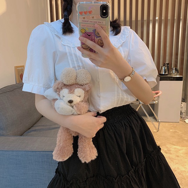 Áo sơ mi nữ trắng cộc tay bồng, cúc bọc cổ sen, Áo sơ mi trắng cộc tay cúc bọc cổ bèo ngắn tay bo [AMANDA] | BigBuy360 - bigbuy360.vn