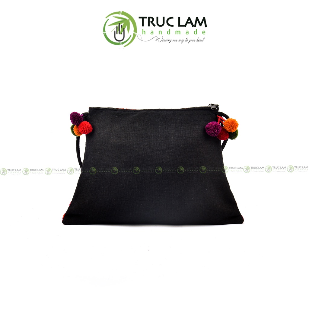 Túi Đeo Chéo Thời Trang Vải Thổ Cẩm Thêu Tay Gắn Quả Bông - Trúc Lâm Handmade