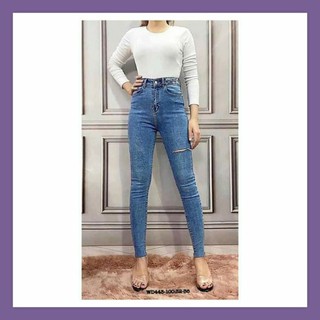 Quần jeans skinny xanh đậm rách một gối-lưng cao-siêu co dãn