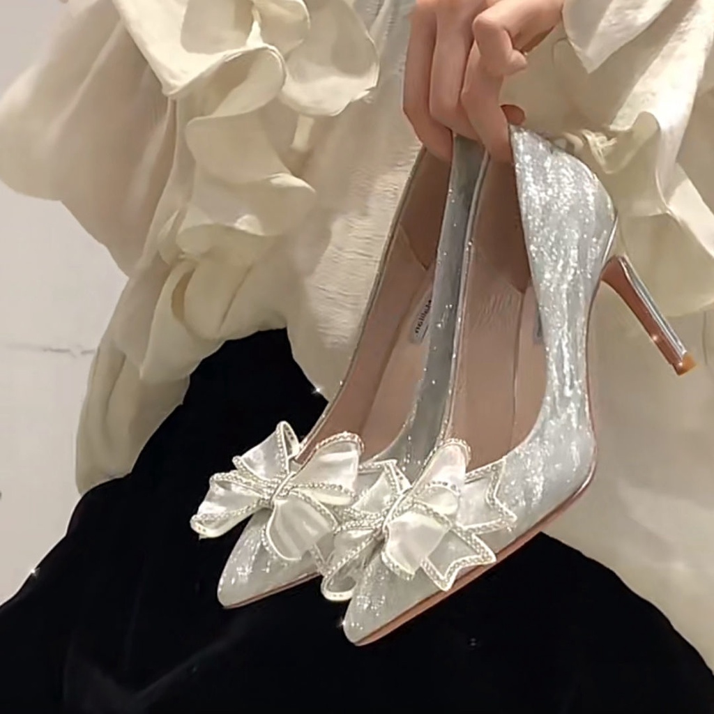 Giày Cao Gót Mũi Nhọn Màu Bạc / Vàng Đính Nơ Phong Cách Pháp Cho Phù Dâu
