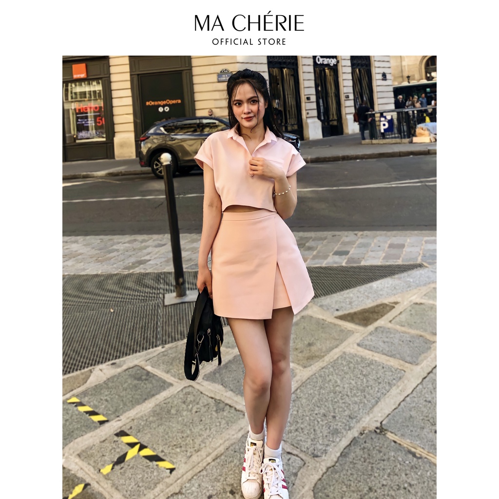 Set áo croptop cổ sơ mi, chân váy chữ A ngắn màu hồng Florent thiết kế Ma Cherie
