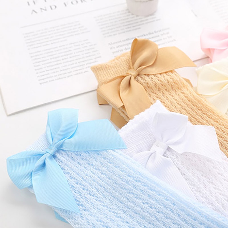 Vớ lưới mỏng thoáng khí màu trơn đính nơ dễ thương cho bé gái 0-3 tuổi