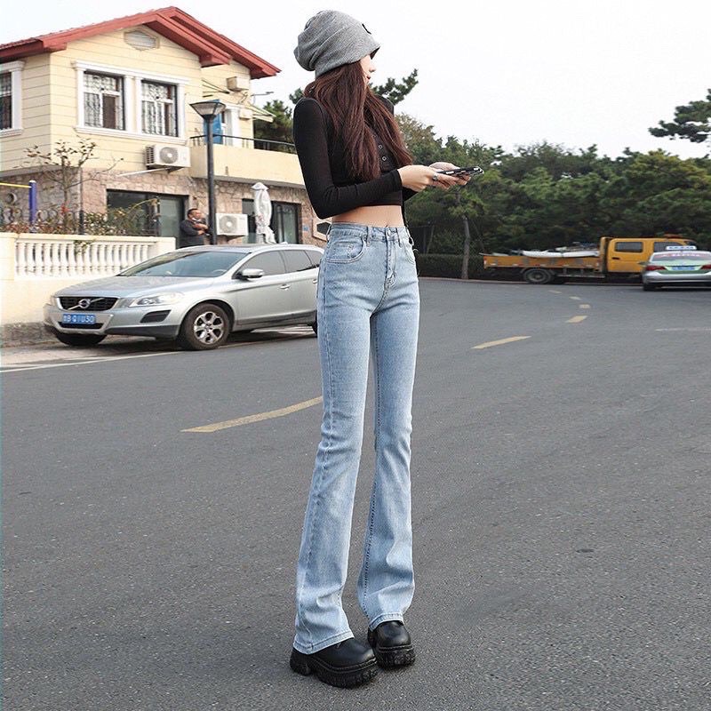 Quần jean ống loe cạp cao co giãn tôn giáng