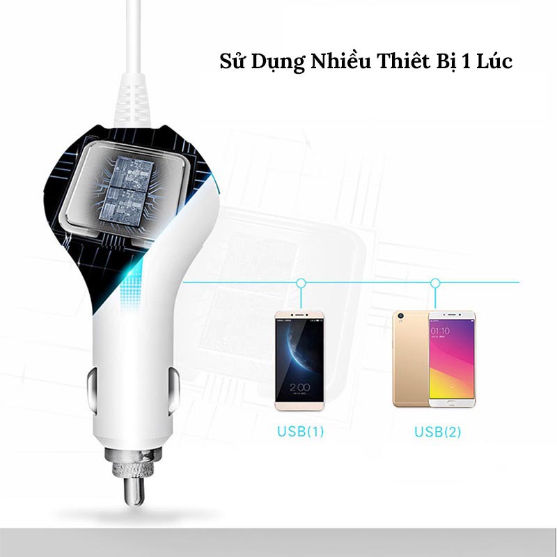 Tẩu Sạc Ô Tô - Tích Hợp 3 Dây Sạc Điện Thoại,Kèm 2 Cổng USB  Sạc Nhanh QC3.0 VERSION 3