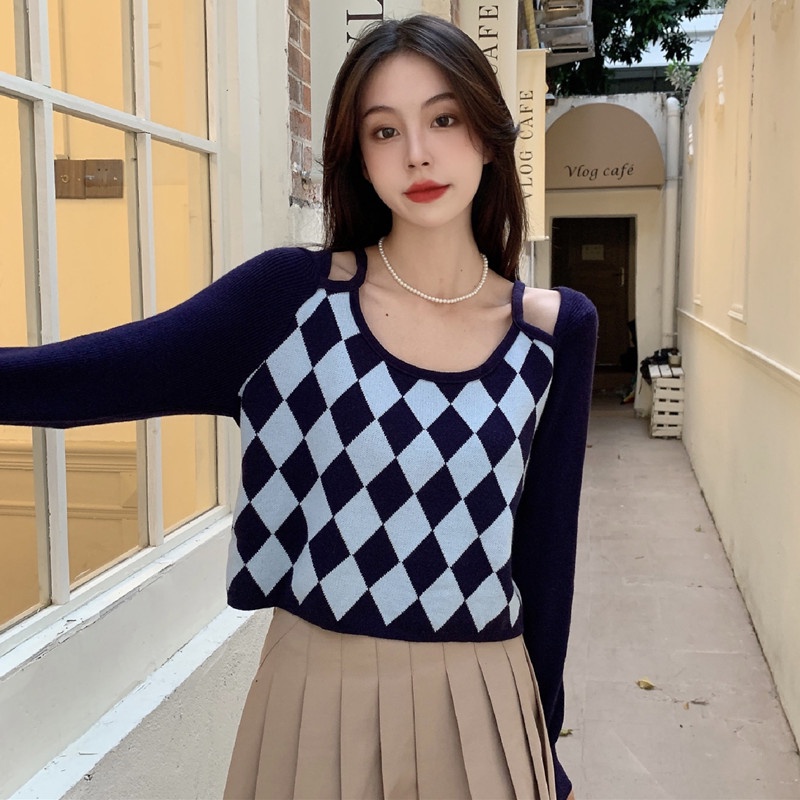 Áo dệt kim trễ vai giả hai lớp họa tiết sọc caro thời trang cho nữ