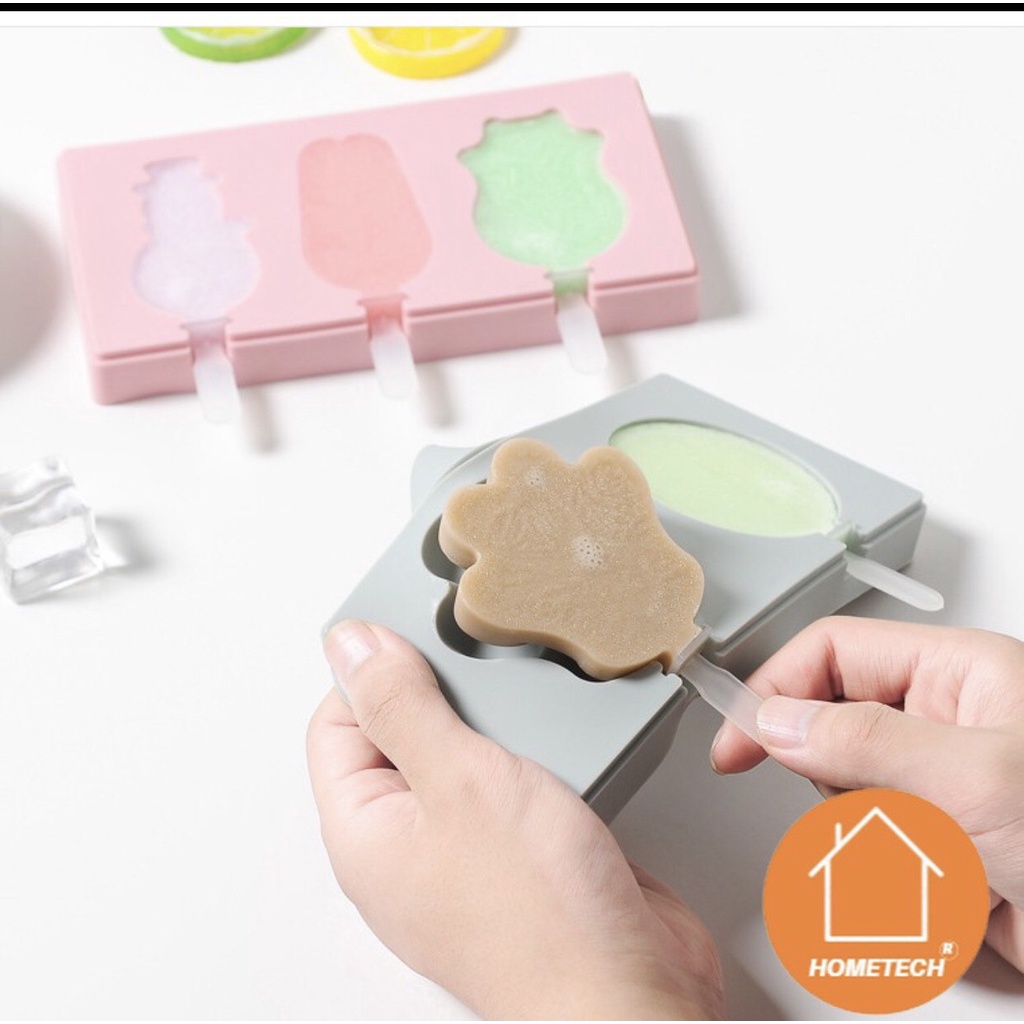 [3 ngăn- 50 que gỗ] Khuôn làm kem bằng Silicon có nắp đậy, thiết kế siêu dễ thương / Giao mẫu Ngẫu Nhiên