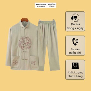 Set bộ đũi nam trung niên , thêu họa tiết rồng chữ nôm