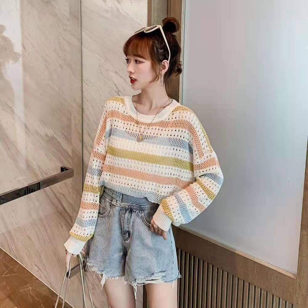 Áo Sweater Dệt Kim Dáng Rộng Cổ Tròn Họa Tiết Kẻ Sọc Màu Sắc Thời Trang Phong Cách Hàn Quốc Cho Nữ