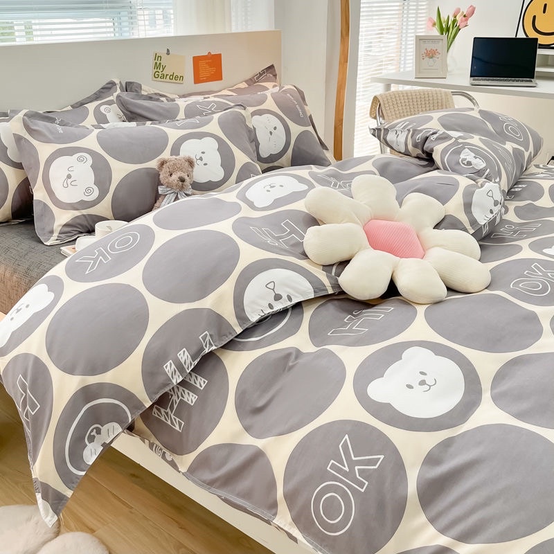 Bộ chăn ga gối cotton poly hoạ tiết gấu MÂY BEDDING đủ kích thước nệm
